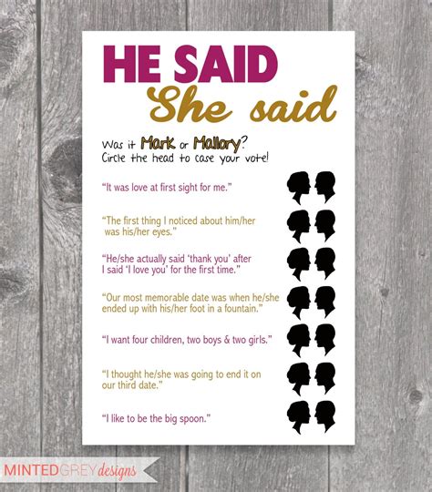 Printable He Said She Said Bridal Shower Game By Mintedgreydesigns