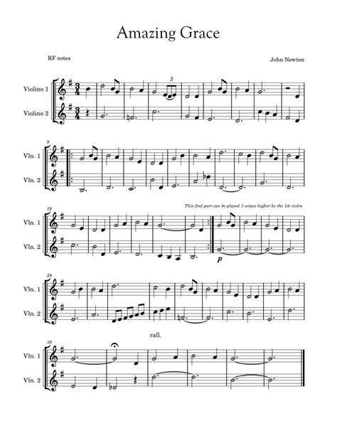 Amazing Grace Arr RF Notes By John Newton Sheet Music For Violin