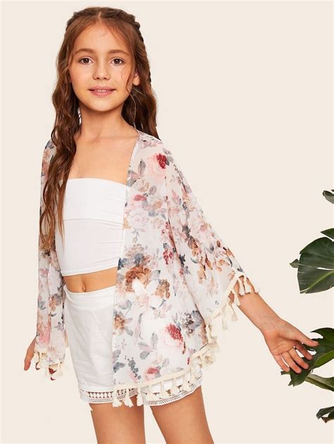 Shein Girls Open Front Tassel Trim Floral Print Kimono Girl Outfits