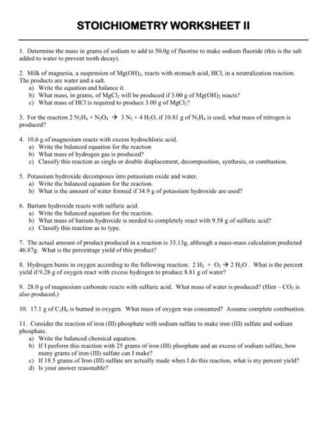 STOICHIOMETRY WORKSHEET II Worksheets Library