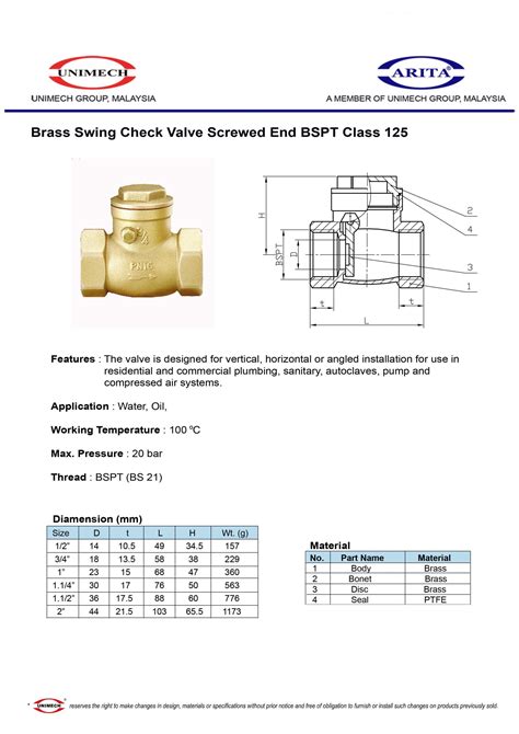 ARITA BRASS SWING CHECK VALVE CLASS 125 SE Uniware Machinery