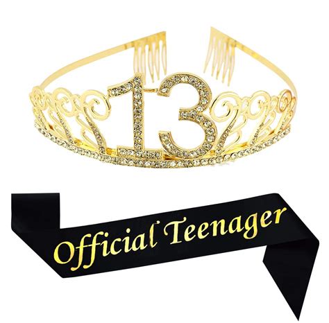 Buy 13th Birthday Gold Tiara And Sash Glitter Satinofficial Teenager Sash And Crystal