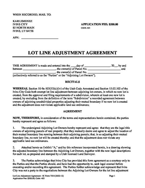 Lot Line Adjustment Agreement IC Form 7018 2022 12 Ivins City