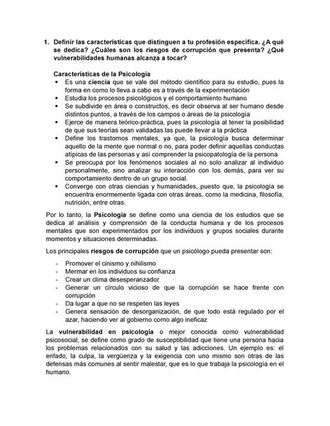 Evidencia 2 Ética profesional 1 Definir las características que