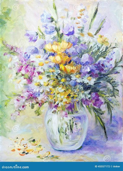 Wildflowers In Vase, Oil Painting Stock Illustration - Illustration of ...