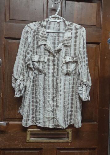 Cato White Brown Button Down Shirt Blouse Roll Tab Sleeve Women S