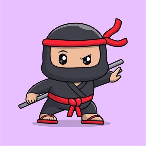 Lindo ninja con palo dibujos animados vector icono ilustración personas