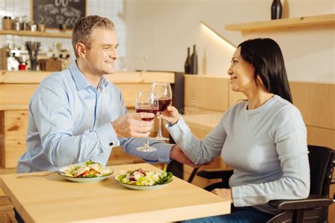 Inspired Man And Disabled Woman Drinking Wine Stock Photo Image Of