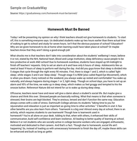 Homework Must Be Banned Essay Example Graduateway