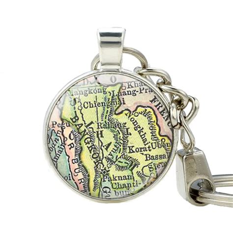 Thailand Siam Vintage Map Jewelry Key Ring Bangkok Siam Map Key Chain