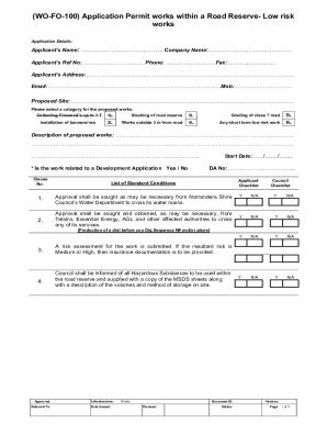 Fillable Online FORM TECH SERVICES Works Within A Road Reserve