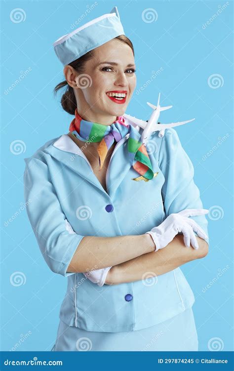 Happy Stylish Female Air Hostess On Blue Stock Image Image Of Hostess