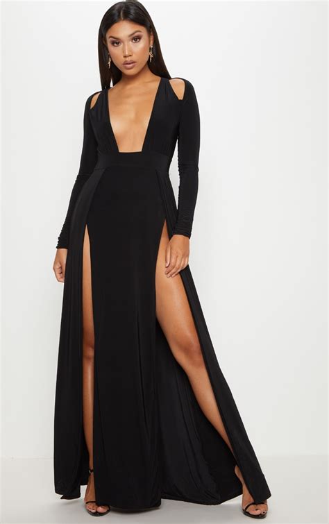 Black Plunge Extreme Split Leg Maxi Dress Prettylittlething Aus