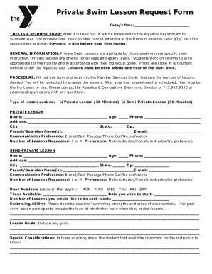 Fillable Online Private Swim Lesson Request Form Spymca Org Fax Email