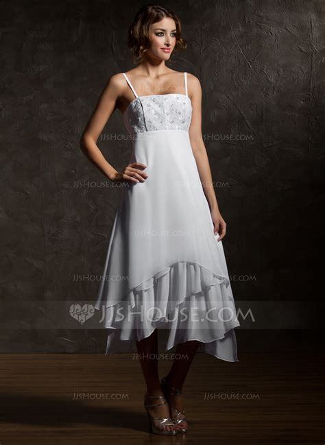 Empire Asymmetrical Chiffon Wedding Dress With Lace Cascading Ruffles