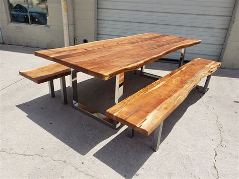 96l Live Edge Acacia Wood Table And 2 Bench Set Etsy