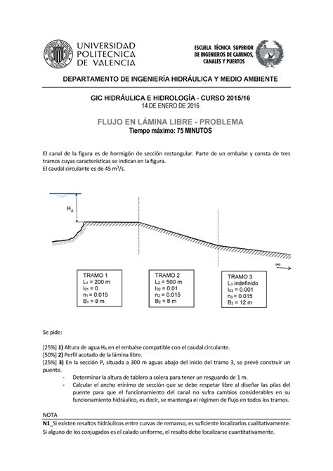 Examen flujo en lámina libre I A DEPARTAMENTO DE INGENIERÍA