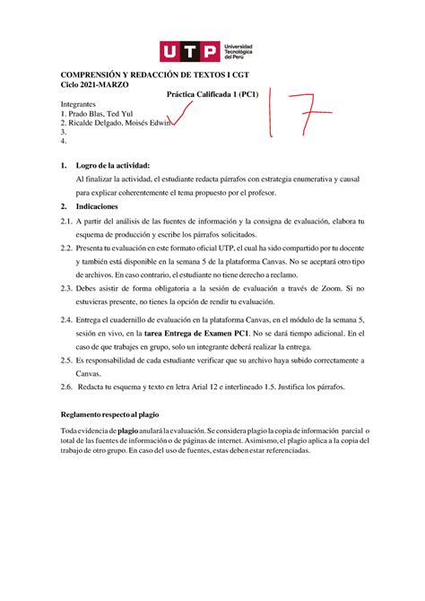 Practica Calificada 1 ComprensiÓn Y RedacciÓn De Textos I Cgt Ciclo