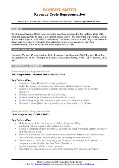 Revenue Cycle Representative Resume Samples Qwikresume