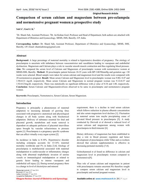 Pdf Comparison Of Serum Calcium And Magnesium Between Pre Eclampsia