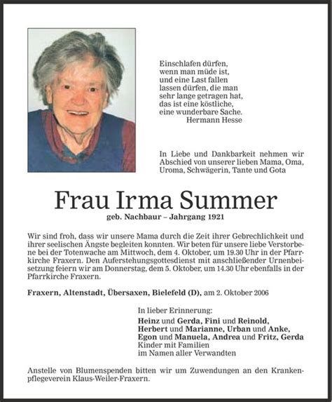 Todesanzeigen Von Irma Summer Todesanzeigen Vorarlberger Nachrichten