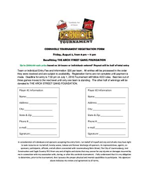 Fillable Online CORNHOLE TOURNAMENT REGISTRATION FORM Friday August 5