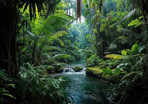 Premium Photo Tropical Rainforest With A Stream Flowing Through The