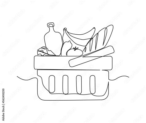 Continuous line art drawing of Grocery food basket, fruits and bread in the grocery basket ...