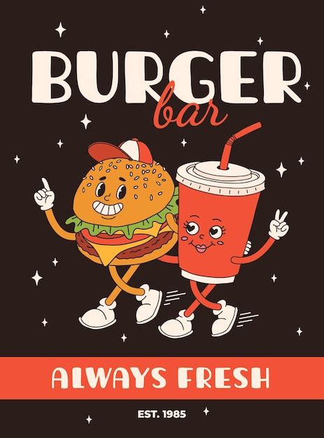 Premium Vector Cartoon Fast Food Poster Retro Groovy Cards With