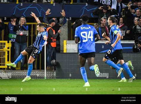 Ferran Jutgla Of Brugge Celebrate His Goal With Teammates During The