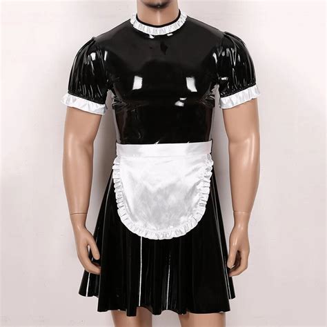 Mens Sissy Maid Cosplay Costume Clubwear Short Puff Sleeve Wetlook