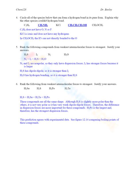 Intermolecular Forces Worksheet With Key