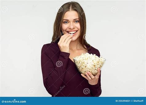 Beautiful Woman With Long Hair Eating Pop Corn Stock Image Image Of