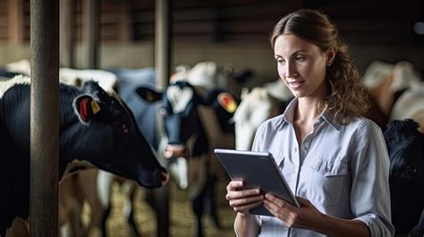 Premium AI Image | Female farmer with tablet pc standing by cow at ...