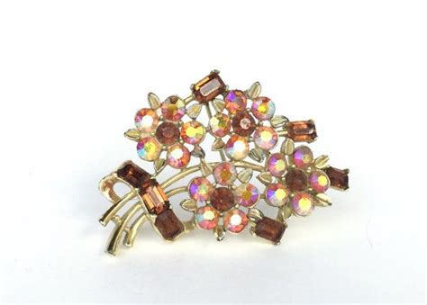 Lisner Rhinestone Flower Brooch Amber And Brown Etsy Rhinestone