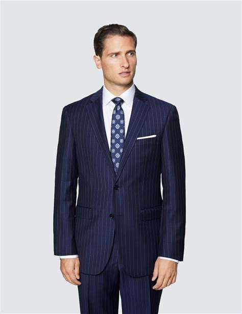 Men S Navy Chalk Stripe Classic Fit Suit Hawes Curtis