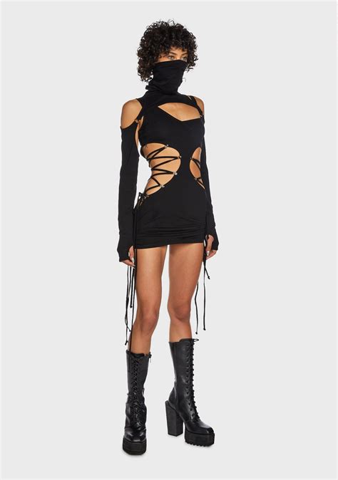 Replay Cut Out Lace Up Dress Set Black In Lace Up Bodycon