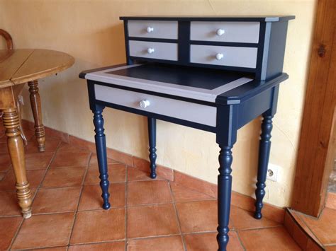 Bureau à gradins vintage bleu et gris avec tablette coulissante