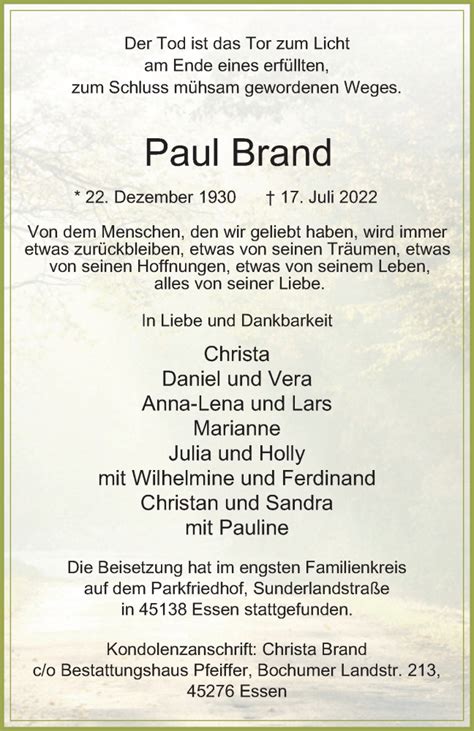 Traueranzeigen Von Paul Brand Trauer In NRW De