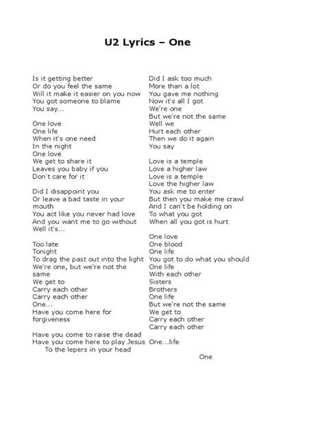 One U2 Lyrics Pdf