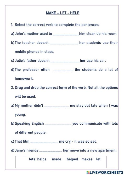 Causatives Let Help Make Interactive Worksheet Sentence