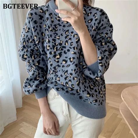 Bgteever Stylish O Neck Leopard Knitted Sweaters Autumn Winter Full