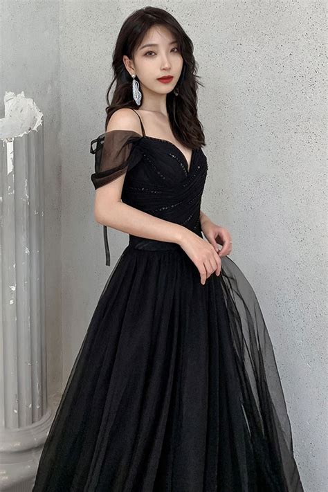 Black Tulle Long A Line Prom Dress Off The Shoulder Evening Dresses Jkprom