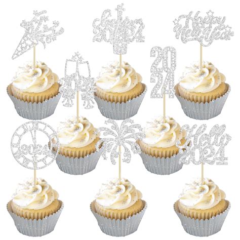 Buy Gyufise24Pcs 2024 Happy New Year Cupcake Toppers Silver Glitter