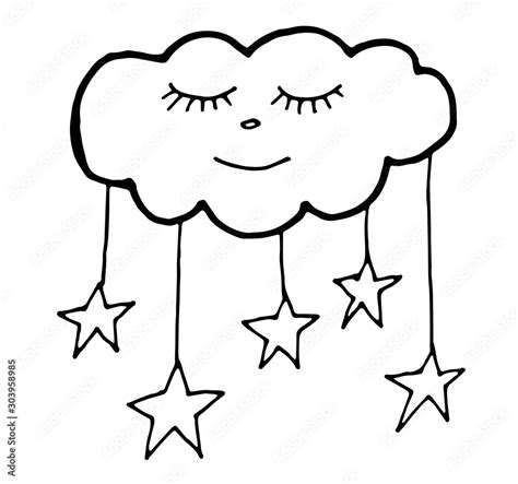 Cute black and white cloud with eyes and stars. Hand drawing outline ...