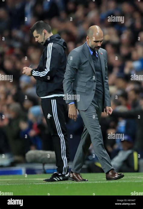 Manchester City Manager Pep Guardiola Looks Dejected During The Uefa Champions League Match At