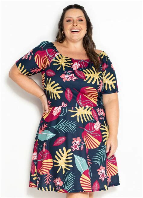 Vestido Folhas Marinho Ciganinha Plus Size Marguerite