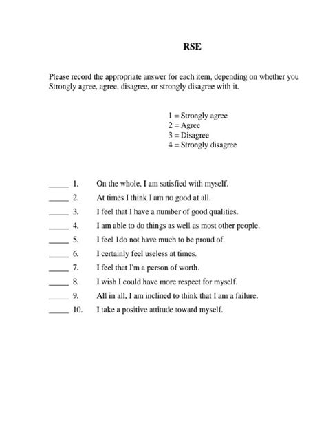 Rosenberg Self Esteem Questionnaire Final Pdf