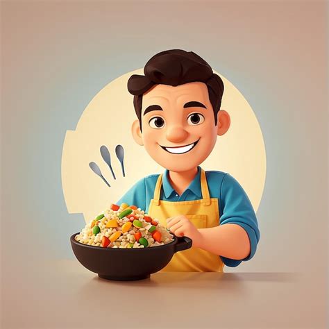 Premium Photo Man Cooking Fried Rice Cartoon Vector Icon Illustration