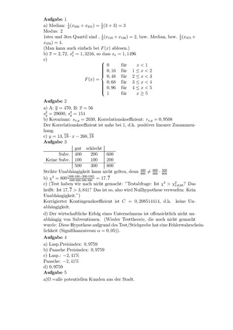 Lösungen Probeklausur Statistik Aufgaben 1 6 von 8 Wintersemester